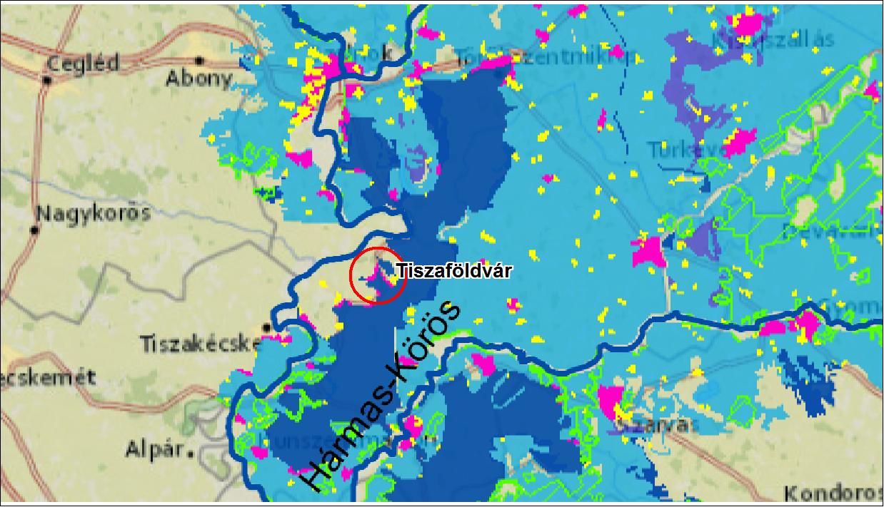 1-73. ábra: Elöntéssel veszélyeztetett épített környezet Tiszaföldvár környékén (Forrás: Magyarország árvízi öblözeteinek elöntési térképe; saját szerkesztés) 1.18.2.