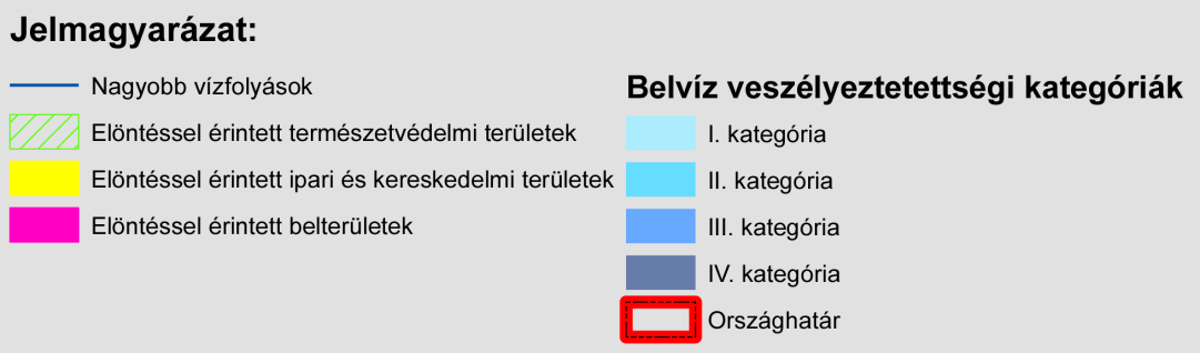 1-74. ábra: Belvízi elöntéssel veszélyeztetett épített környezet és természetvédelmi területek Tiszaföldvár környékén (Forrás: Magyarország belvíz-veszélyeztetettségi térképe; saját szerkesztés) 1.18.