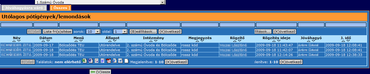 A vissza gomb megnyomásával visszatérünk a főmenübe. 1.1.4. Utólagos pótigények/lemondások megtekintése (523) 11.
