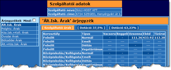 árjegyzékeket egyedi elnevezéssel lehet ellátni. 9. ábra: Szolgáltatói árjegyzék A panel jobb oldalán adott árjegyzékhez tartozó részletes információ található.