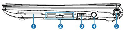 Baloldal Üzembiztonság 7 8 9 10 11 (hasonló az ábrához) 7 - Nyílás a Kensington zárhoz... ( 51. o.) 8 - Külső VGA monitor... ( 33. o.) 9 - USB port... ( 50. o.) 10 - Mikrofon In... ( 43. o.) 11 - Line Out /fejhallgató csatlakozó.