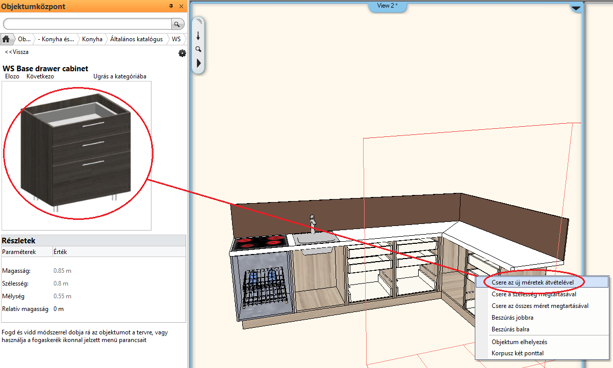10 4. Lecke: Konyha tervezés Helyettesítse a konyhabútor jobb szélső két elemét egy 0.8m széles szekrénnyel. Törölje a jobb szélső 0.2m széles alsószekrényt a 3D ablakban.