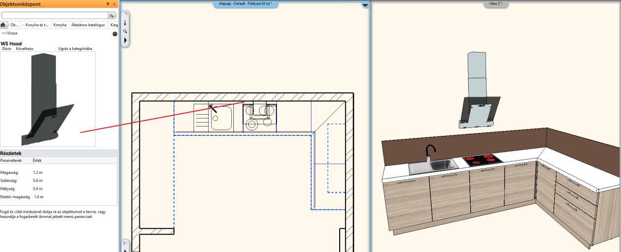 Válassza a WS Hood nevű elemet és állítsa a relatív magasság értékét 1.4m-re, majd helyezze el az alaprajzon, a főzőlap bal felső sarkába.