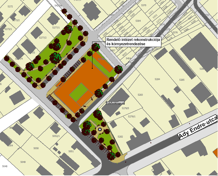 4. ábra A rendelőintézet környezetrendezési terve Gera park rekonstrukciója A Petőfi utca-móricz Zsigmond utca kereszteződésében helyezkedik el a téglalap alaprajzú Gera-kert.