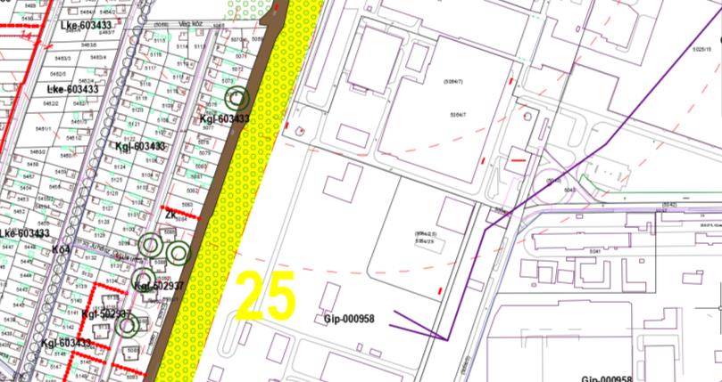 vasútvonal keleti oldalán jelölt 50 méteres védőfásítás csökkentése.