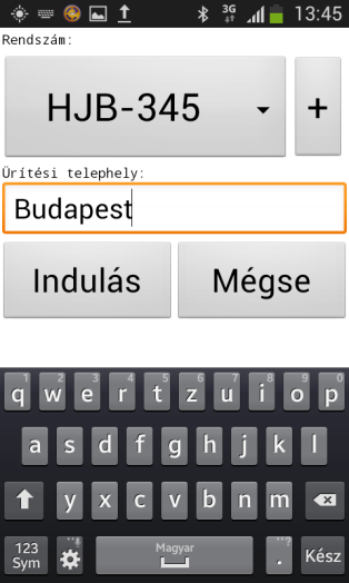 ábra: Logger menü Indulás menüpont alatt a gépjármű rendszáma és az ürítési telephely mezők láthatók.