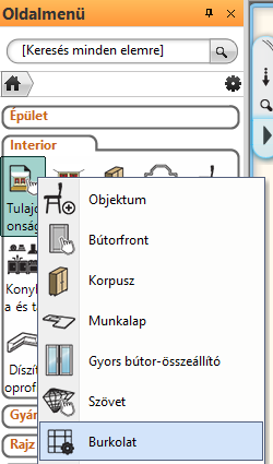 Az Oldalmenü /Interior /Tulajdonságok lenyíló menüjéből válassza a Burkolat pontot. Ebben a párbeszédablakban hozható létre egy-egy burkolat minta. 3.3.1. 1.