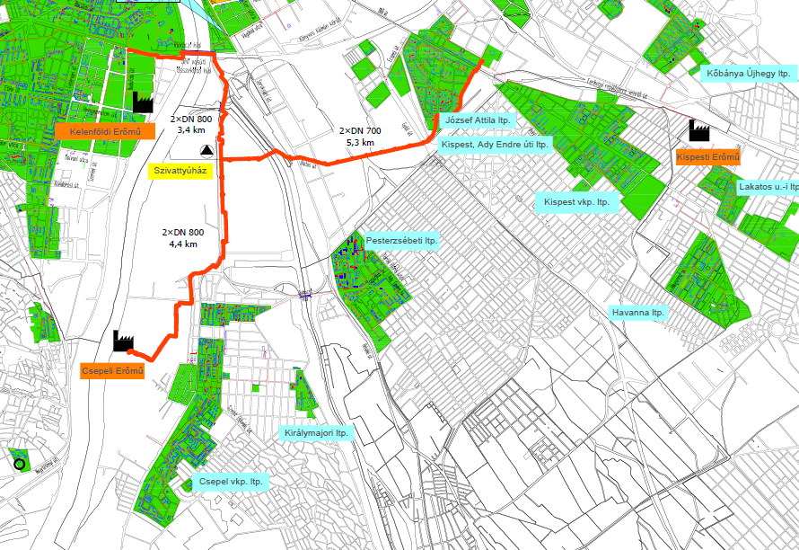 Dél-budapesti hőkooperációs rendszer létrehozása Hőforrások Kelenföld: P=196 MW; Q=400 MW Kispest: