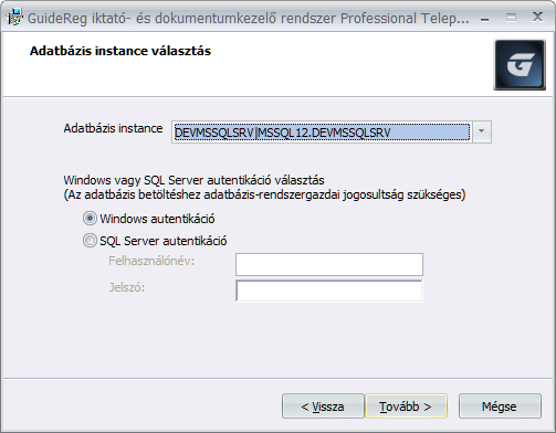 3.2.3 GuideReg Professional telepítése Microsoft SQL szerver megléte esetén Abban az esetben, ha rendelkezik megfelelő, telepített Microsoft SQL Serverrel, akkor az alábbi képernyő jelenik meg a