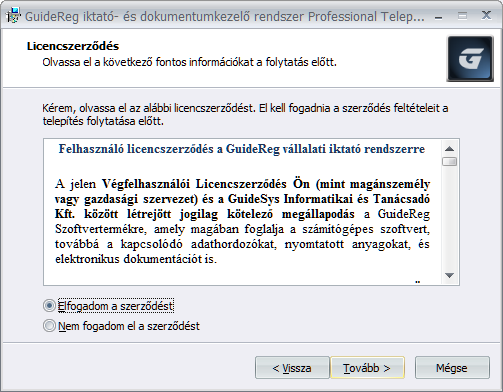 Miután elvégeztük az előkészületeket, a GuideReg Professional demó verzió telepítőjének kezdőképernyőjét látjuk: A Tovább gombra kattintva a GuideReg Professional felhasználói licencszerződését,