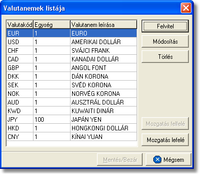 Árfolyamok karbantartása sorba lépve és az "Árfolyamok törlése" gombra kattintva teheti ezt meg. A HUF valutanem mindig rendelkezésre áll a rendszerben, azt a valutanemek listájába nem kell felvinni.