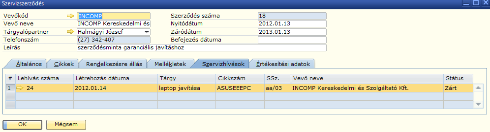 52. ábra: S > Szervizszerződés/Szerződés kiterjedése regiszter 5.2.4 Mellékletek regiszter A regiszteren a már ismert módok adatállományokat, dokumentumokat bizonylatokat kapcsolhatunk be, például ilyen lehet egy szerződés is.