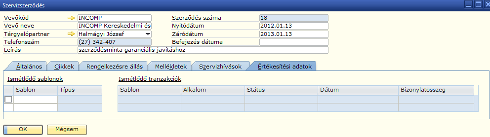 5.2.6 Értékesítési adatok Az ismétlődő tranzakciókat és a szervizszerződések összekapcsolhatjuk.