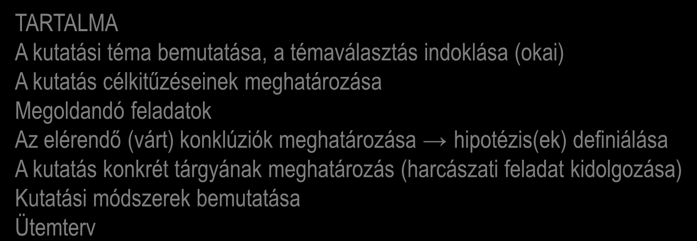 Előtanulmányok A kutatási téma majd probléma meghatározása TARTALMA A kutatási téma bemutatása, a témaválasztás indoklása (okai) A kutatás célkitűzéseinek Előzetes meghatározása információgyűjtés