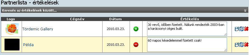 Amint különféle értékelésekkel látja el a partnereit, azokat ebben a menüpontban táblázatos formában fogja látni: A táblázatban látható az értékelt partner logoja, neve, az értékelés típusának