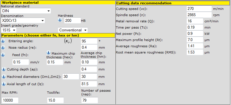 Hosszesztergálás Ø30x83.5: A hosszesztergálás Ø30 mm-en 83.5 mm hosszan [7] által javasolt technológiai adatai a 15.ábrán láthatóak: 15.