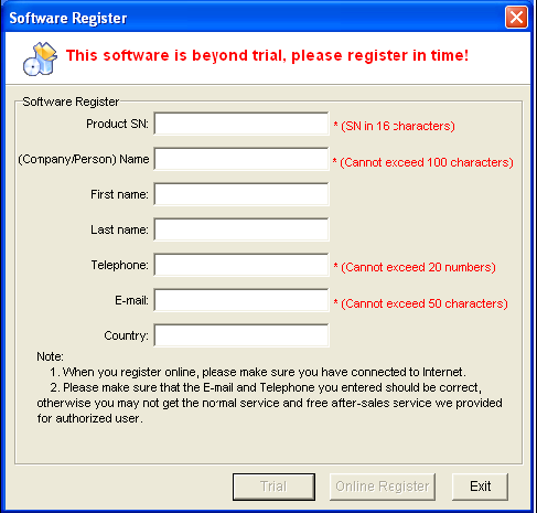 1. lépés: Amikor elindítja a még nem regisztrált fehértábla szoftvert, az alábbi regisztrációs ablak fog följönni.