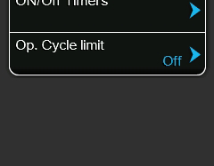 Op. Cycle limit (Munkaciklus korlátja): ezzel a beállítással azt adja meg, hogy a be/ki kapcsolási késleltetés a fűtés védőkapcsolóinak élettartamának optimalizálására van beállítva ( On (Be)), vagy