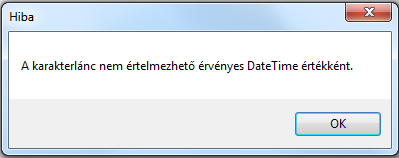 Ha most próbáljuk ki az 1234-56-78 dátumot, akkor hibaüzenetet kapunk, amelynek tudomásulvétele után ki is javíthatjuk a hibánkat, míg az előbb, kivételkezelés nélkül csak leállítani tudtuk a
