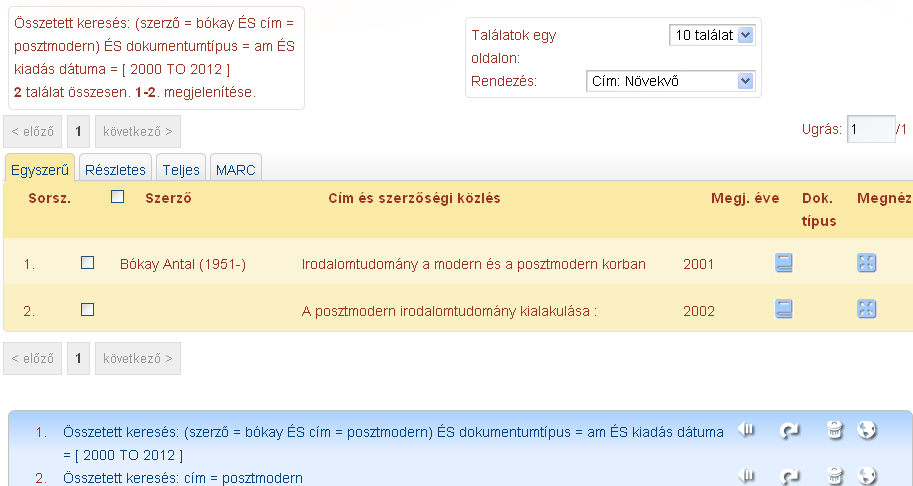 Egyetlen mezőben való kereséskor, ha nem konkrét címre vagy szerzőre keresünk előfordulhat, hogy sok találatot