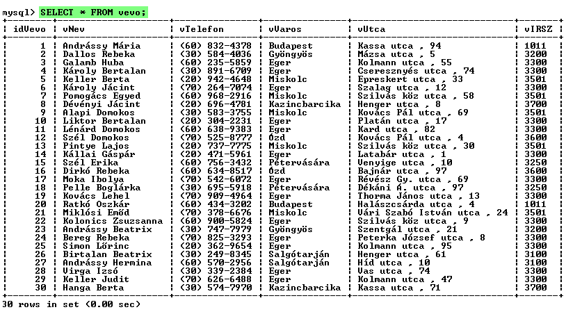 42 Választó lekérdezések készítése Simon Lőrinc (20) 362-9654 Birtalan Beatrix (30) 249-8345 Andrássy Hermina (60) 570-2956 Virga Izsó (30) 339-2384 Keller Judit (70) 626-6488 Hanga Berta (30)