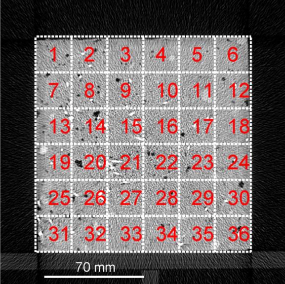 6.2. CT vizsgálati eredmények Komputertomográfiás vizsgálatot a Mix0, szál nélküli referencia beton, és a Mix-H0,3, 0,3 V% Humix50 szálerősítéses beton, C jelű próbatestén végeztük el.