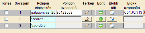 Az új sor hozzáadása az első blokkmegadás esetén nem fog ténylegesen új sort beszúrni, csupán egy sorszámot ad meg. Ezután már lehetősége van a blokkazonosító megadásra a Blokk betölt gombbal.