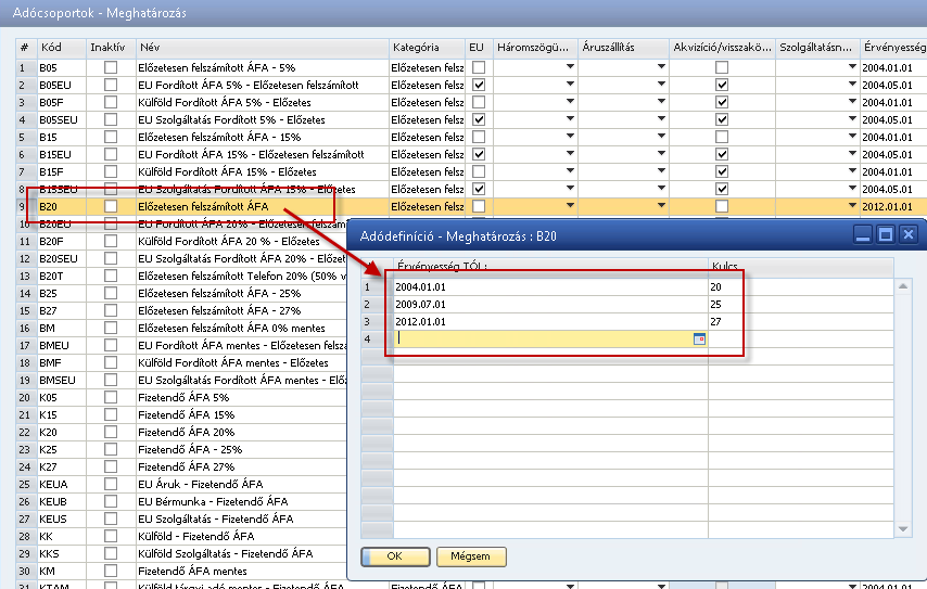 Adómértékek változtatása a SAP Business One rendszerekben Az általános forgalmi adó mértékét az adókódok információiban az adódefiníció meghatározás képernyőn tudjuk meghatározni.