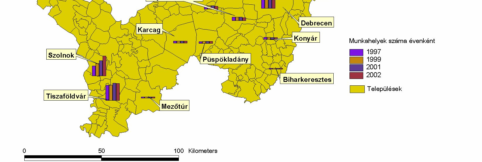 A szektor a lassú indulás után Szabolcs megyében a legjelentősebb, ahol az 1999-2001 közötti rekord expanzió után 2002-re már ott is megtorpant a foglalkoztatás bővülése.