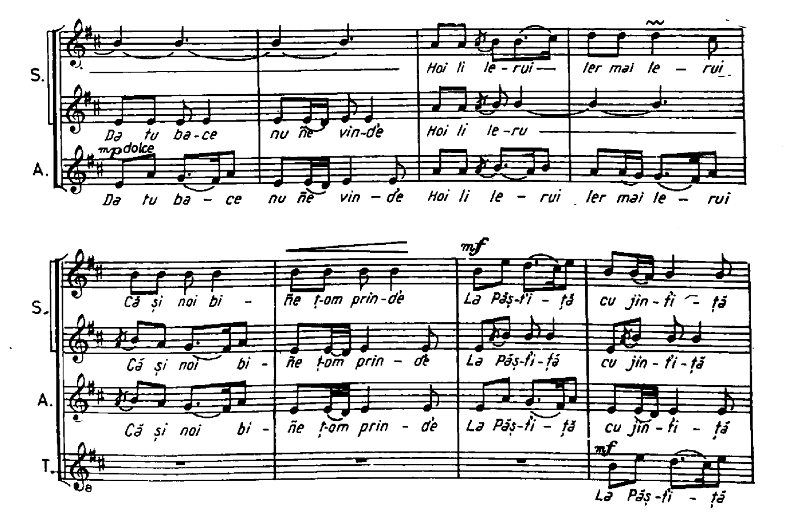 2. A kolinda saját hazájában Glissandóval induló, hosszan kitartott hang népi hangszer hangját is imitálhatja. (Lásd Slobozâ-ne gazdă-n casă) 5. Ellenszólam.