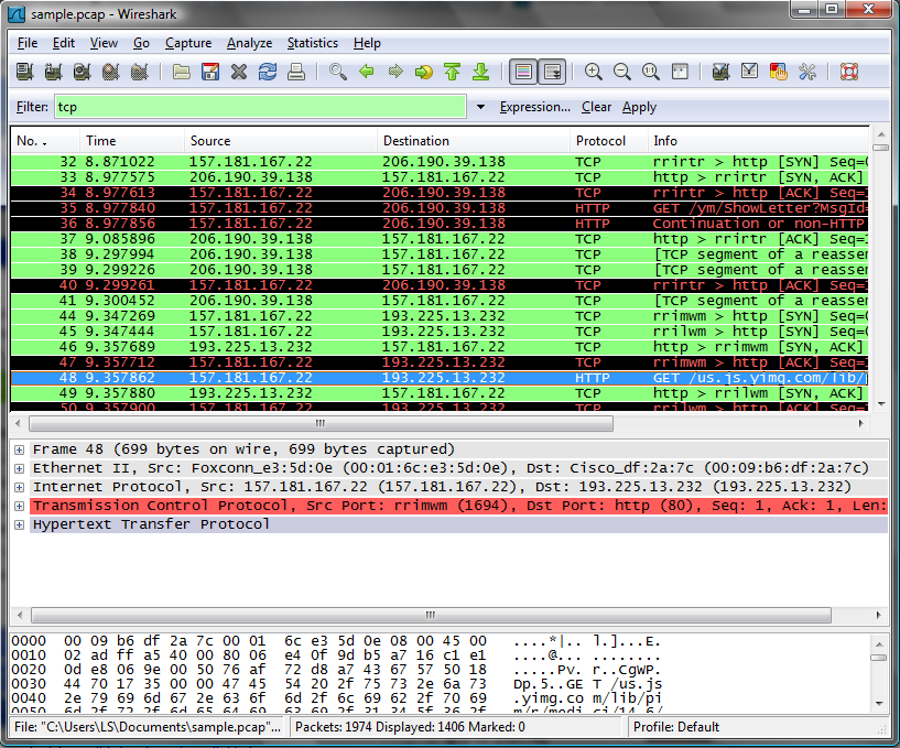 Wireshark Szűrő megadása (Display filter) Csomagok a felvett forgalomban A kiválasztott csomag protokollfejléc