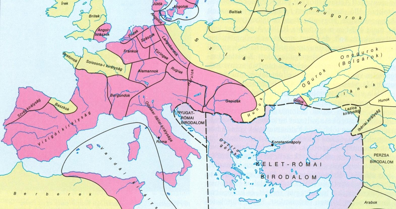EURÓPA A NYUGAT-RÓMAI BIRODALOM ÖSSZEOMLÁSAKOR 412: a vizigótok Galliába vonulnak Tolosai királyság (418-507) / 418: Honorius császár utasítására a vizigótok kiűzik a vandálokat / 476-711: független