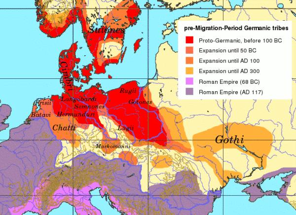 a germánok a mai Németország középső részén éltek, ekkor a tengeri népek vándorlásával egy időben, talán hasonló klimatikus okok miatt kezdtek északra, Skandinávia és a Balti-tenger felé nyomulni.