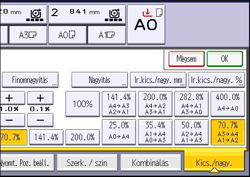 3. Másoló 1. Nyomja meg a [Kics. /nagy.] gombot. 2. Válasszon ki egy méretarányt, majd nyomja meg az [OK] gombot. 3. Helyezze be az eredetit, és kezdjen szkennelni.