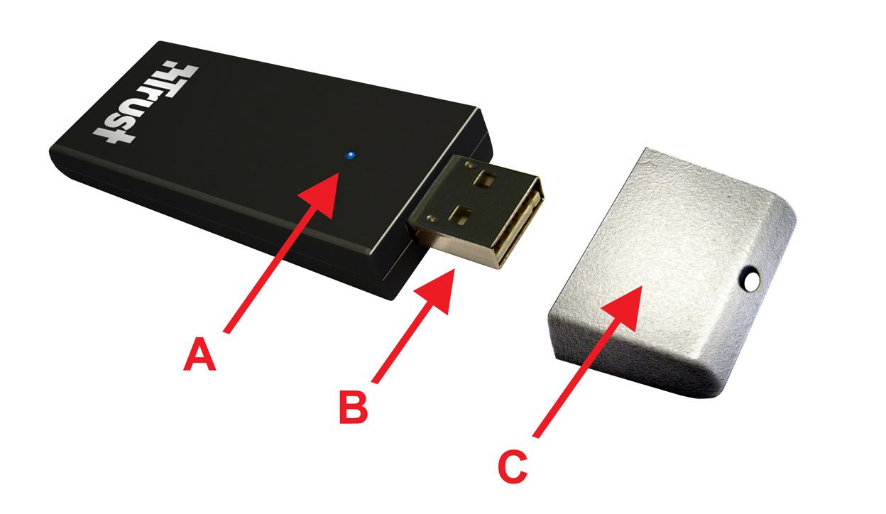 Termékismertető A: Tápfeszültség-/linkjelző LED (Link: LED bekapcsolva/villog) B: USB.0 aljzat C: Védősapka Telepítés Kapcsolja be a számítógépet.