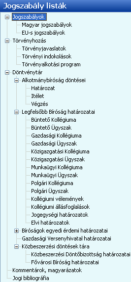 Jogszabály listák A jogszabály listák csoport segítségével előre meghatározott jogszabály csoportokat, listákat nyithatunk meg. A listában a + jelre kattintva tovább bonthatók a lista elemei.