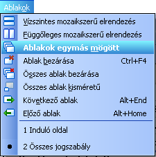 5.2 Ablakok menü Az "Ablakok" menüpont segítségével lehet az információs ablakok között váltani és azokat rendezni.