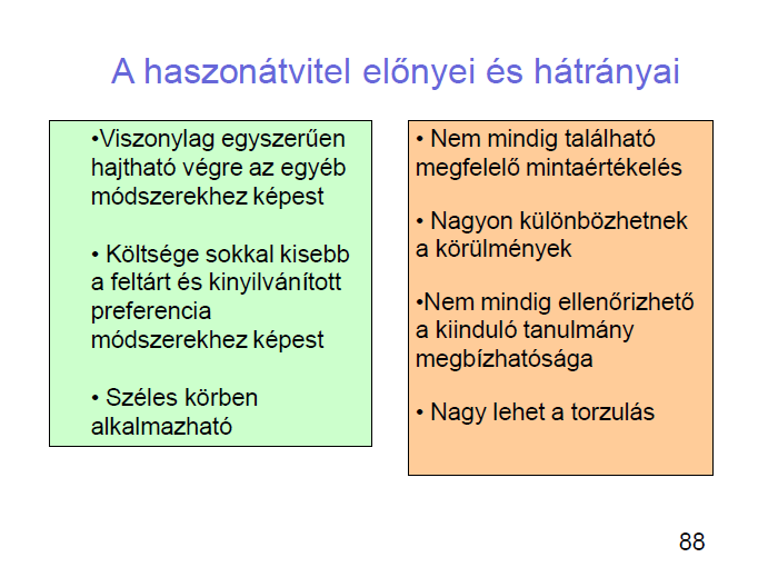 A haszonátvitel fajtái: o Már meglévő becslést viszünk át ugyanarra a területre, de más időpontra o Már létező eredményt ültetünk át másik területre, de ugyanarra az időpontra vonatkozóan o Másik