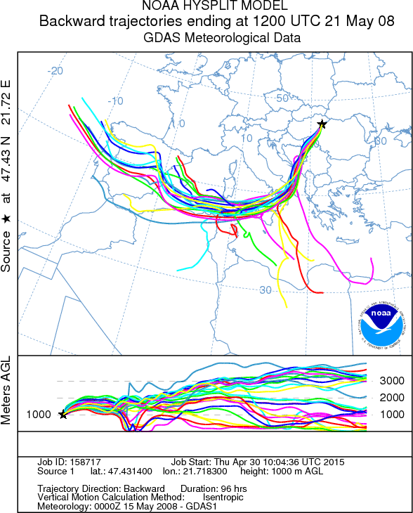 A források azonosítása egyediszemcse-analízis alapján Természetes eredetű emissziós epizód szaharai por 2008 májusának végén egy nagy szaharai eredetű porfelhő érte el Európát [TOMS], amelyet még a