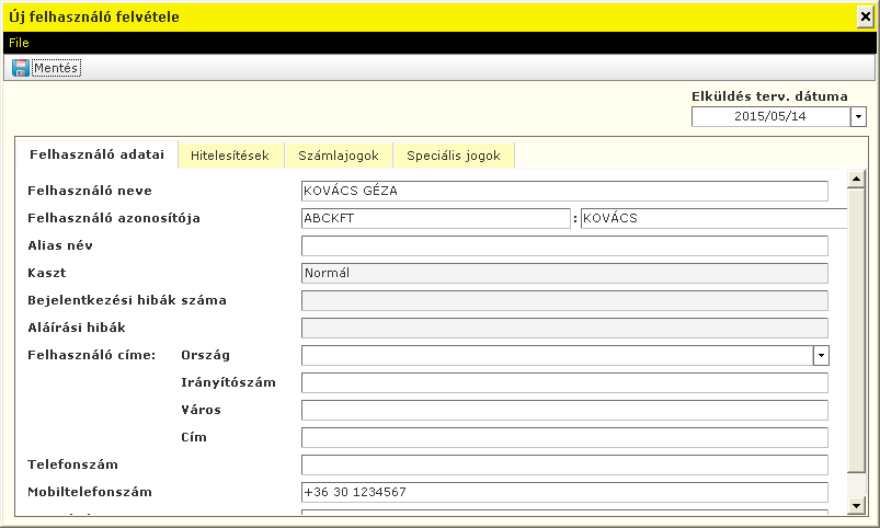 3. A Felhasználó adatai fülön, adja meg legalább a Felhasználó nevét, Felhasználó azonosító-ját és Mobiltelefonszám-át.