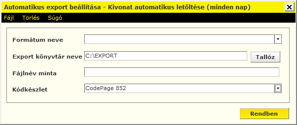 A rendszer lehetővé teszi a letöltött adatok automatikus exportálását is egy kijelölt mappába.