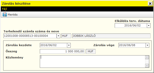 Válassza ki a számlaszámot, adja meg a zárolás időszakát és összegét, kattintson a Mentés gombra, majd tegye csomagba. 14.