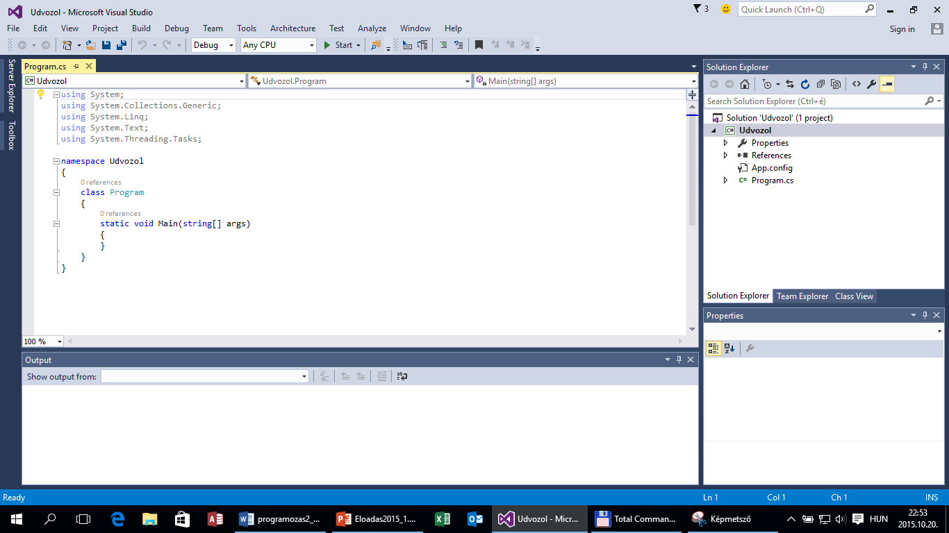 A Visual Studio indító ablakában tudunk új alkalmazást létrehozni, a New Project menü kiválasztásával.