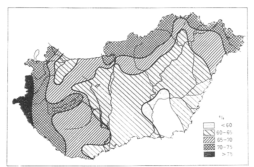 Az átlagos relatív nedvesség (%) területi