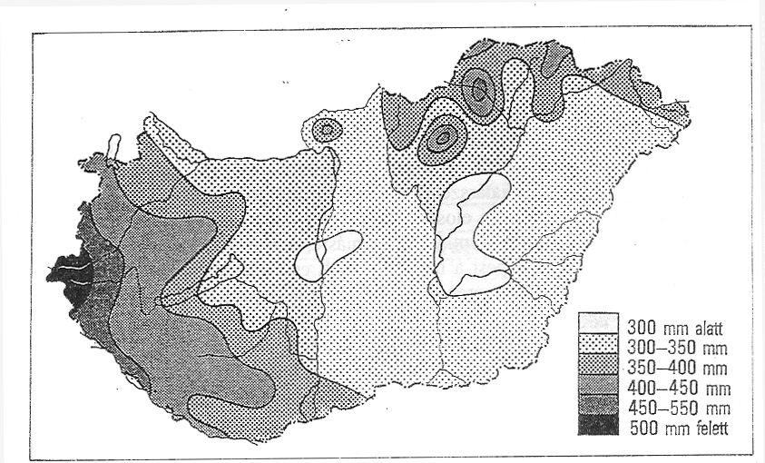 Az átlagos évi csapadékösszeg (mm) a