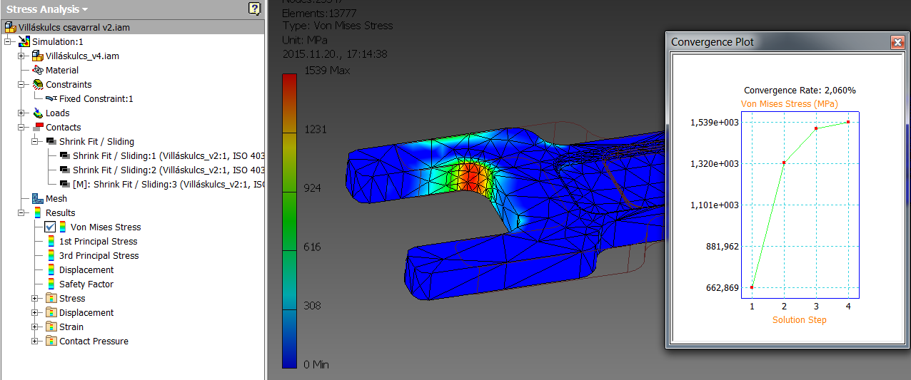 3. PÉLDA VILLÁSKULCS 5. ANALÍZIS Változtassuk meg ismét a Contact-okat, legyenek most Shrink Fit / Sliding beállításúak.