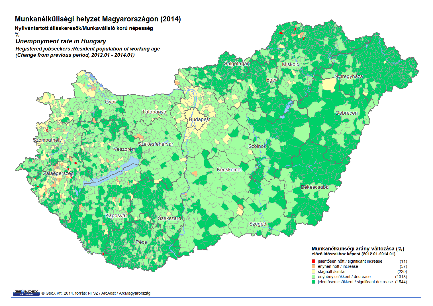 26. számú diagram: A munkanélküliség változása Magyarországon, 2014.