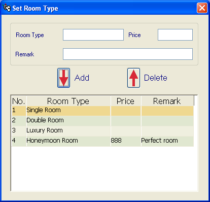 2.click the down arrow to add the new room type 1.enter new room type 24. ábra: Szoba típus hozzáadása 2.click the up arrow to delete the room type you have selected. 1.click the room type you want to delete 25.