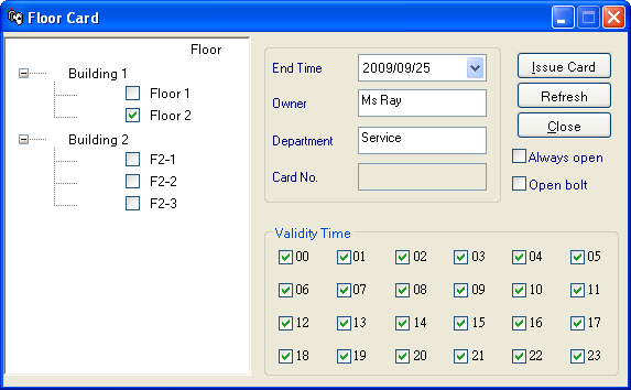 1. input Guest name 2. input room name 3. input end time 4. put card, then click<issue Card> 28. ábra: Vendég kártya kiadása 9.
