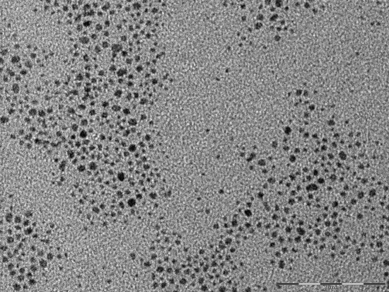 9. ábra Alkil-tiollal stabilizált nanoarany szol TEM felvétele 50 nm-es skálán A TEM felvétel kiértékelése a mérımőszer képelemzı szoftverével történik.